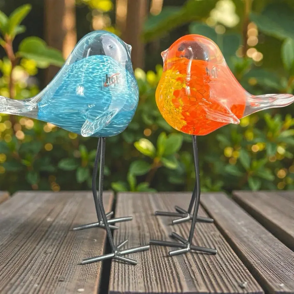 BIRDS Style Hand-Blown Glass Birds Figurines Tall Metal Legs (set/2 birds) - Picture 1 of 16